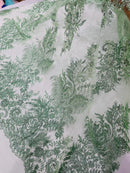 Sage Silver Rhinestones Glitter Fabric on a Mesh by the Yard | Quinceañera Design Glitter Rhinestones on Mesh Fabric Prom Dress