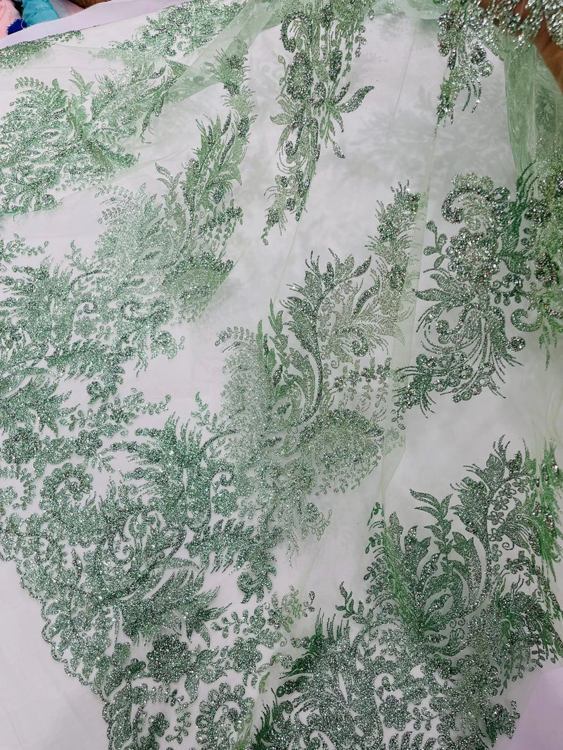 Sage Silver Rhinestones Glitter Fabric on a Mesh by the Yard | Quinceañera Design Glitter Rhinestones on Mesh Fabric Prom Dress