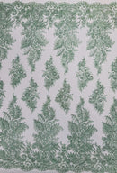 Sage Silver Rhinestones Glitter Fabric on a Mesh by the Yard | Quinceañera Design Glitter Rhinestones on Mesh Fabric Prom Dress