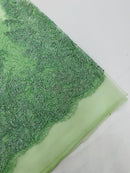 Sage Silver Rhinestones Glitter Fabric on a Mesh by the Yard | Quinceañera Design Glitter Rhinestones on Mesh Fabric Prom Dress