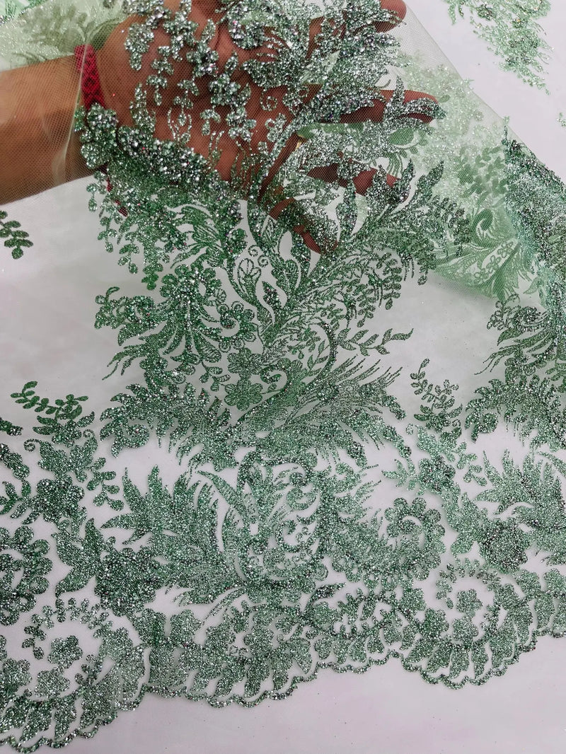Sage Silver Rhinestones Glitter Fabric on a Mesh by the Yard | Quinceañera Design Glitter Rhinestones on Mesh Fabric Prom Dress