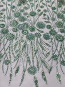Sage Green Beaded Fabric 3D Floral Butterfly Fabric by the Yard, Luxury Butterfly