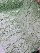 Sage Green Luxury Beaded Pattern Fabric by the yard, Embroidery Beaded Lace Fabric