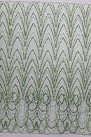 Sage Green Luxury Beaded Pattern Fabric by the yard, Embroidery Beaded Lace Fabric
