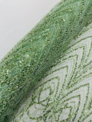 Sage Green Luxury Beaded Pattern Fabric by the yard, Embroidery Beaded Lace Fabric