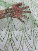 Sage Green Luxury Beaded Pattern Fabric by the yard, Embroidery Beaded Lace Fabric