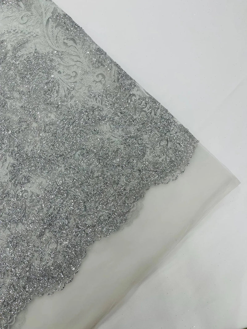 Silver Silver Rhinestones Glitter Fabric on a Mesh by the Yard | Quinceañera Design Glitter Rhinestones on Mesh Fabric Prom Dress