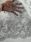 Silver Silver Rhinestones Glitter Fabric on a Mesh by the Yard | Quinceañera Design Glitter Rhinestones on Mesh Fabric Prom Dress