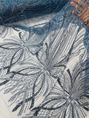 Steel Blue Embroidery Beaded Fabric by Yard, Sequin on a Mesh with Floral Lace