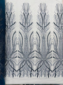 Steel Blue Embroidery Beaded Fabric by Yard, Sequin on a Mesh with Floral Lace