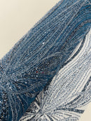 Steel Blue Embroidery Beaded Fabric by Yard, Sequin on a Mesh with Floral Lace