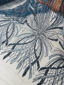 Steel Blue Embroidery Beaded Fabric by Yard, Sequin on a Mesh with Floral Lace