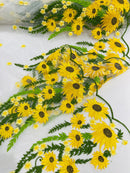 Sunflower Lace 3D Fabric - White Mesh Sunflower Lace Design Fabrics Sold By Yard