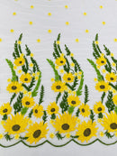 Sunflower Lace 3D Fabric - White Mesh Sunflower Lace Design Fabrics Sold By Yard