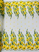 Sunflower Lace 3D Fabric - White Mesh Sunflower Lace Design Fabrics Sold By Yard
