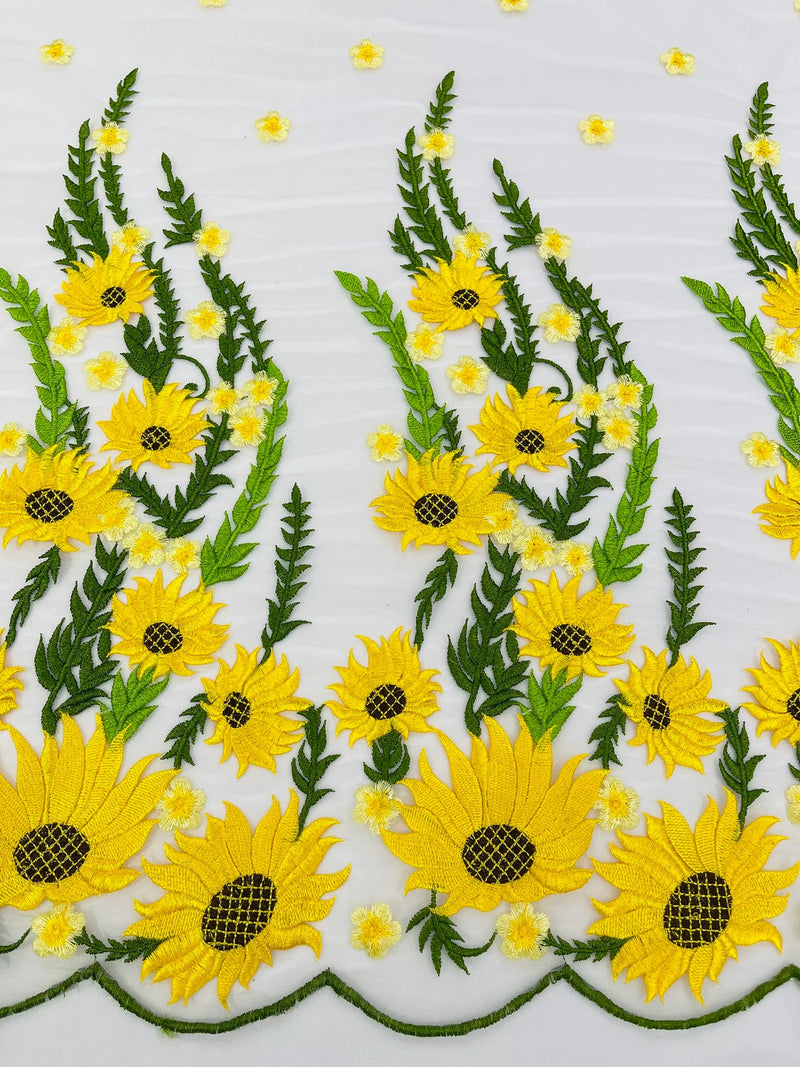 Sunflower Lace 3D Fabric - White Mesh Sunflower Lace Design Fabrics Sold By Yard