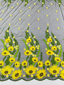 Sunflower Lace 3D Fabric - Black Mesh Sunflower Lace Design Fabrics Sold By Yard