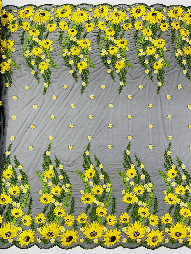 Sunflower Lace 3D Fabric - Black Mesh Sunflower Lace Design Fabrics Sold By Yard