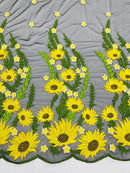 Sunflower Lace 3D Fabric - Black Mesh Sunflower Lace Design Fabrics Sold By Yard