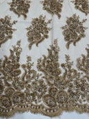 Beaded Rhinestone Fabric - Taupe - Floral Rhinestone Beaded Design with Fancy Border Sold By Yard