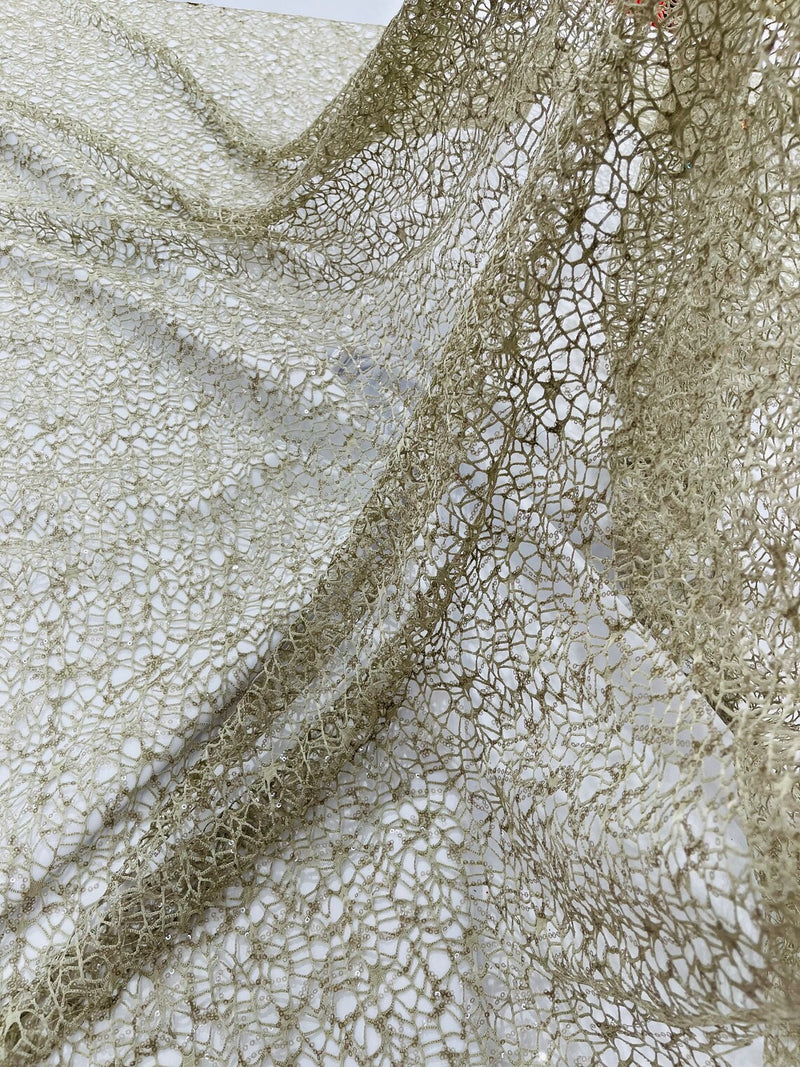 Fish Net Sequins Fabric - Taupe - Cast Net Design Sequins Embroidery Lace Fabric By Yard