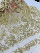 My Lady Beaded Fabric - Taupe - Damask Beaded Sequins Embroidered Fabric By Yard