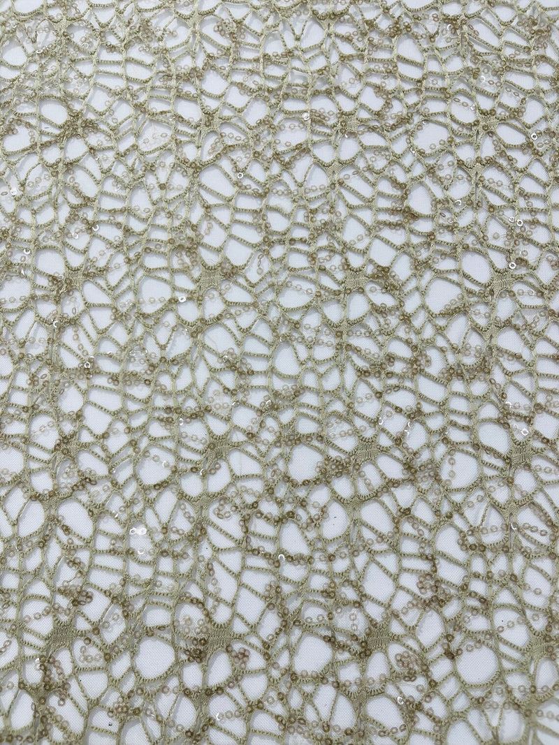 Fish Net Sequins Fabric - Taupe - Cast Net Design Sequins Embroidery Lace Fabric By Yard