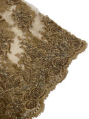 Beaded Rhinestone Fabric - Taupe - Floral Rhinestone Beaded Design with Fancy Border Sold By Yard