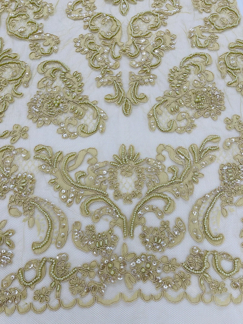 My Lady Beaded Fabric - Taupe - Damask Beaded Sequins Embroidered Fabric By Yard