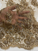 Beaded Rhinestone Fabric - Taupe - Floral Rhinestone Beaded Design with Fancy Border Sold By Yard