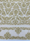 My Lady Beaded Fabric - Taupe - Damask Beaded Sequins Embroidered Fabric By Yard