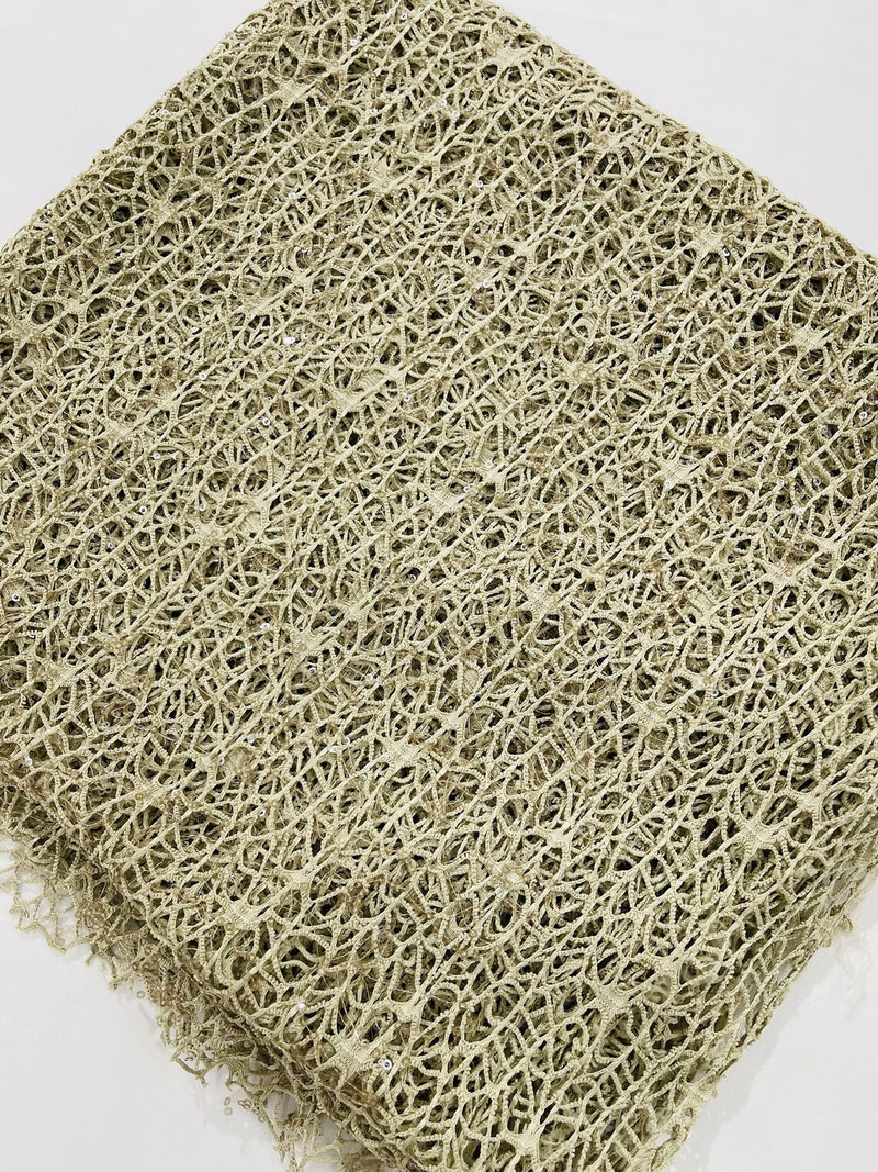 Fish Net Sequins Fabric - Taupe - Cast Net Design Sequins Embroidery Lace Fabric By Yard