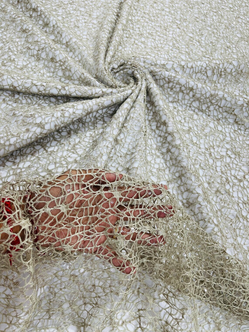 Fish Net Sequins Fabric - Taupe - Cast Net Design Sequins Embroidery Lace Fabric By Yard