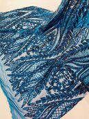 Mermaid Design Fabric - Teal - 4 Way Stretch Sequins Fabric on Lace Mesh Sold By Yard