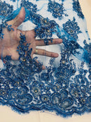 Beaded Rhinestone Fabric - teal Blue - Floral Rhinestone Beaded Design with Fancy Border Sold By Yard