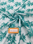 Floral Cluster Corded Fabric - Teal - Fancy Flower Embroidery Lace Mesh Fabric By Yard