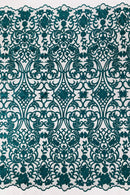 Damask Fancy Design - Teal - Embroidered Black Mesh Damask Design Lace Fabric Sold by Yard