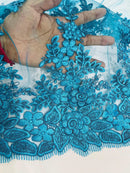Flower 3D Corded Fabric - Teal - Lace Mesh Fabric Embroidered Floral Design by Yard