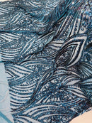 Curvy Design Sequins Fabric - Teal - 4 Way Stretch Curvy Sequins Design Mesh Fabric by Yard