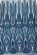 Mermaid Design Fabric - Teal - 4 Way Stretch Sequins Fabric on Lace Mesh Sold By Yard