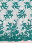 Floral Cluster Corded Fabric - Teal - Fancy Flower Embroidery Lace Mesh Fabric By Yard