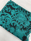 Damask Fancy Design - Teal - Embroidered Black Mesh Damask Design Lace Fabric Sold by Yard