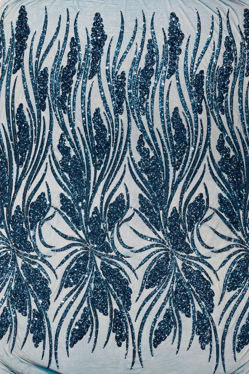 Wavy Leaf Design Fabric - Teal - 4 Way Stretch Sequins Lace Mesh Leaf Design Fabric by Yard