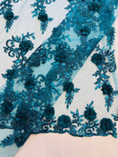 3D Floral Cluster with Border Lace - Teal - Flower with Leaves Design 3D Fabrics Sold By Yard