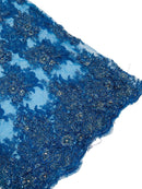 Beaded Rhinestone Fabric - teal Blue - Floral Rhinestone Beaded Design with Fancy Border Sold By Yard