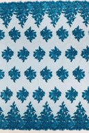 Flower 3D Corded Fabric - Teal - Lace Mesh Fabric Embroidered Floral Design by Yard