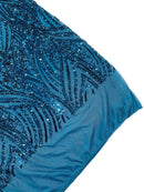 Curvy Design Sequins Fabric - Teal - 4 Way Stretch Curvy Sequins Design Mesh Fabric by Yard