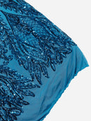 Mermaid Design Fabric - Teal - 4 Way Stretch Sequins Fabric on Lace Mesh Sold By Yard
