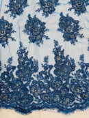 Beaded Rhinestone Fabric - teal Blue - Floral Rhinestone Beaded Design with Fancy Border Sold By Yard