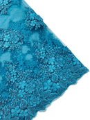 Flower 3D Corded Fabric - Teal - Lace Mesh Fabric Embroidered Floral Design by Yard
